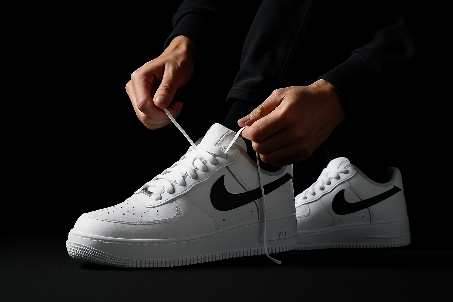 UNA PERSONA COLOCANDOSE UN PAR DE ZAPATOS AIR FORCE ONE , EN UN FONDO NEGRO